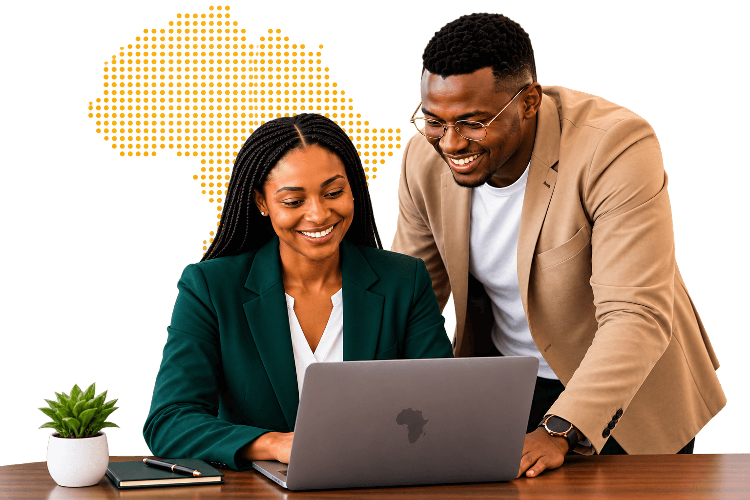 Two professionals practising an interview with a laptop in front of a dotted map of Africa